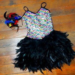 EUC Rainbow Sequin and Black Feathers Costume